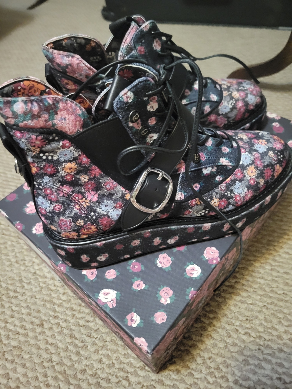 Coach Floral Lace-Up Ankle Boots in Black with Pink & Multicolor Floral Print - Picture 4 of 9